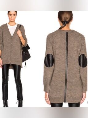 Pam & Gela Taupe Knit Cardigan with Black Elbow Patches